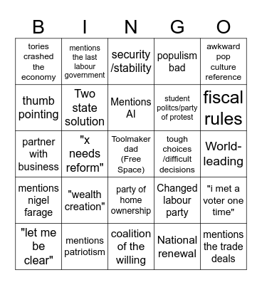 Starmer speech bingo Card