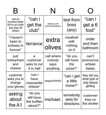 subway bingo!! Bingo Card