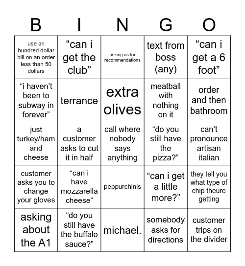 subway bingo!! Bingo Card
