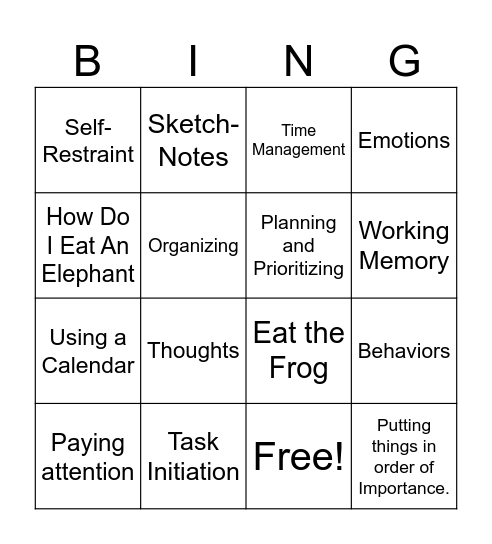 Executive Function BINGO Card