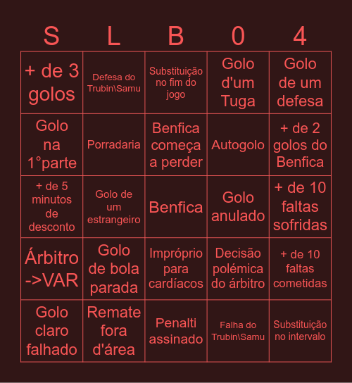 Benfica Bingo Card