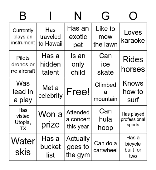 Experience Ice Breaker Bingo Card