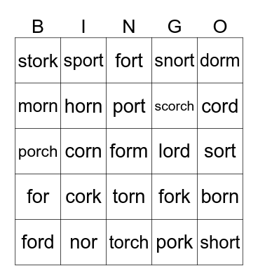 or (r-controlled vowel) Bingo Card