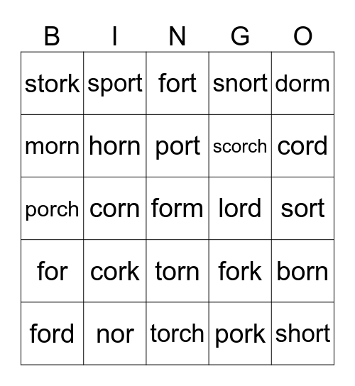 or (r-controlled vowel) Bingo Card