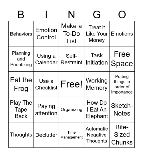 Executive Function Bingo Card
