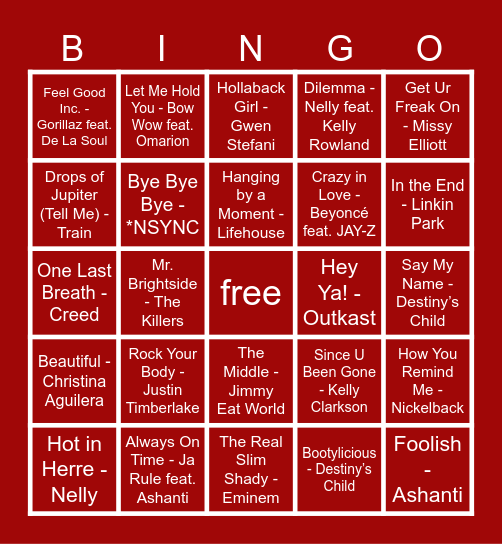 2000s Hits Bingo Card