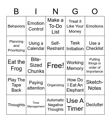 Executive Function Bingo Card