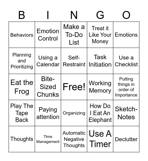 Executive Function Bingo Card
