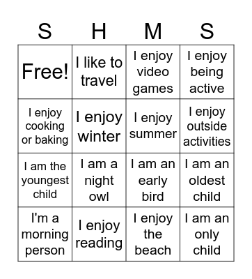 SHMS Bingo Card
