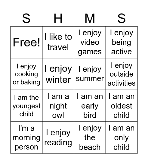 SHMS Bingo Card