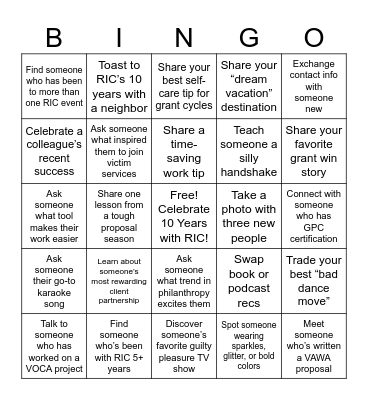 RIC's 10th Anniversary Celebration Bingo Card