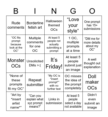 OCtober Bingo Card