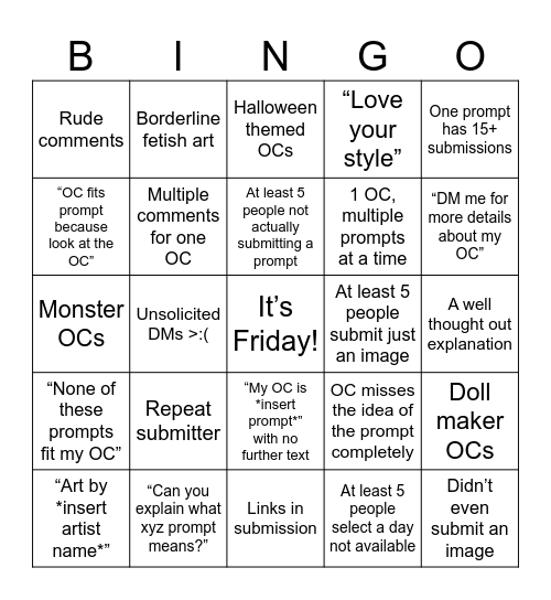 OCtober Bingo Card