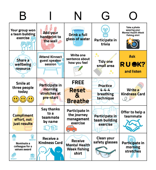 Mental Health Week & Safe Work Month Bingo Card