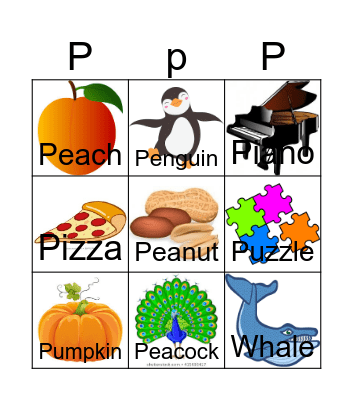Letter P Bingo Card