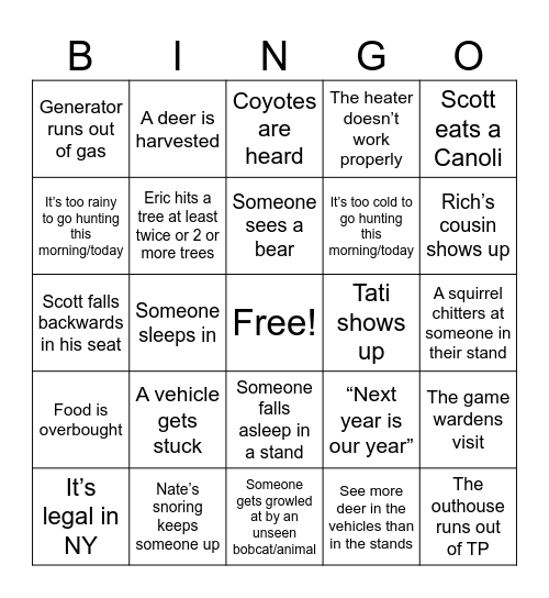 Guy Hunting Bingo Card
