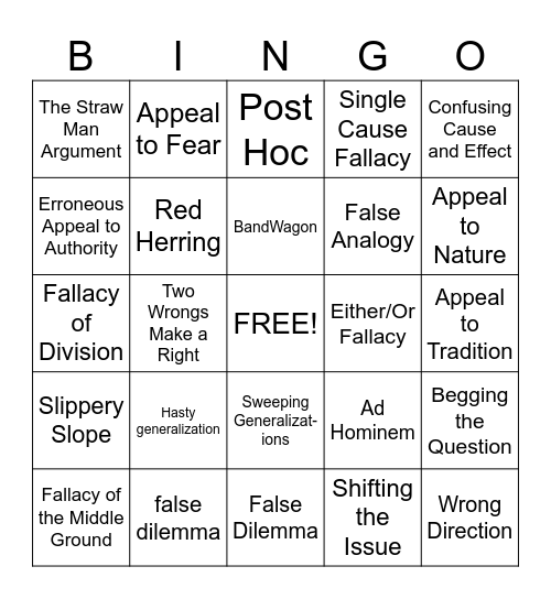 Logical Fallacy Bingo Card
