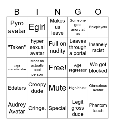 Chilled Vrchat adventure Bingo Card