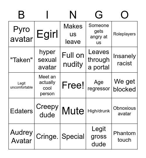 Chilled Vrchat adventure Bingo Card