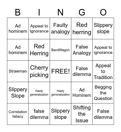 Logical Fallacy Bingo Card