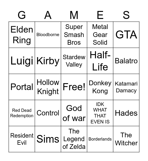 Gaming Bingo Card