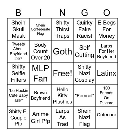 Far Right Foid Larper Bingo Card