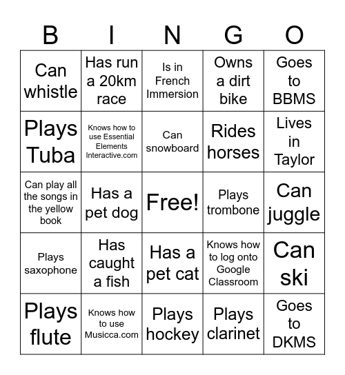 SD60 Band Bingo Card