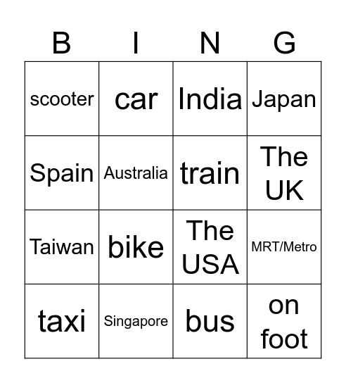 I go to _______ by _______. Bingo Card