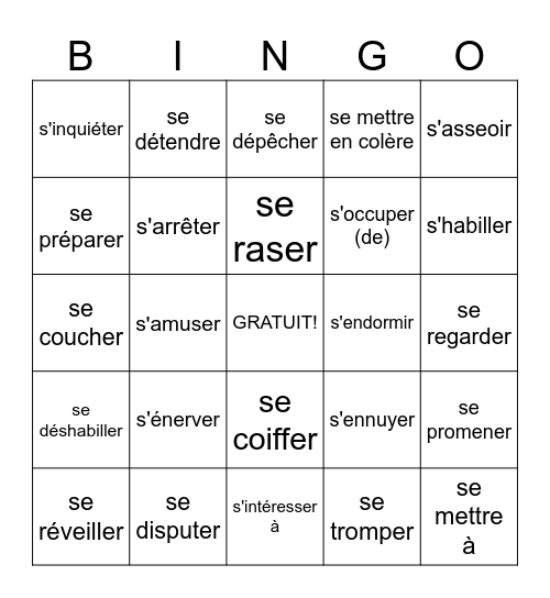 Les verbes réfléchis Bingo Card