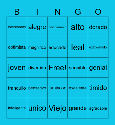 Spanish Adjectives Bingo Card