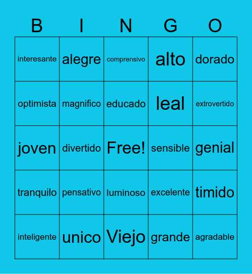 Spanish Adjectives Bingo Card