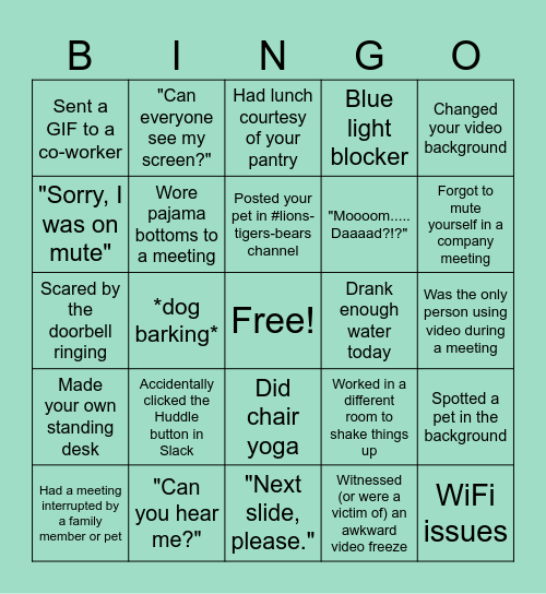 Remote Work Bingo Card