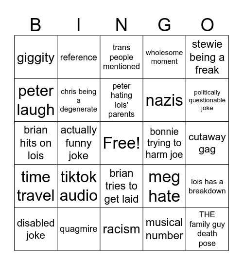 Family guy bingo Card