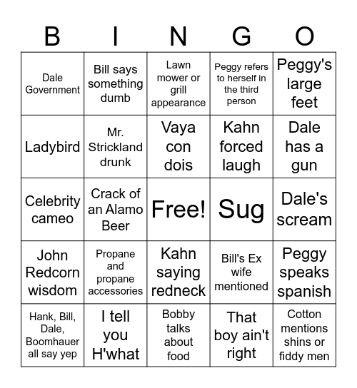 King of the Hill Bingo Card