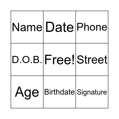 Personal Information Bingo Card