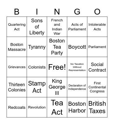Road to Independence Bingo Card