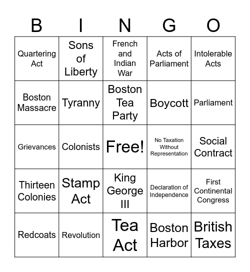 Road to Independence Bingo Card