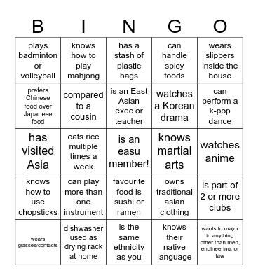 Asian Bingo Card