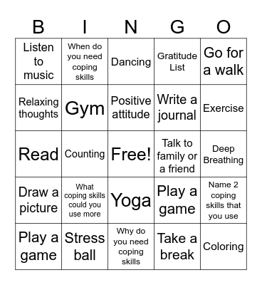 Coping Skills Bingo Card