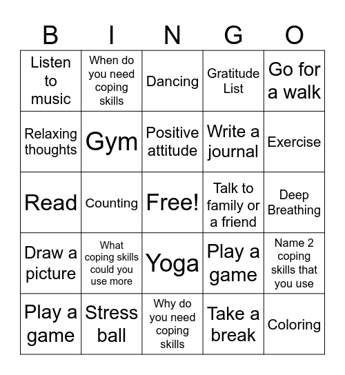 Coping Skills Bingo Card