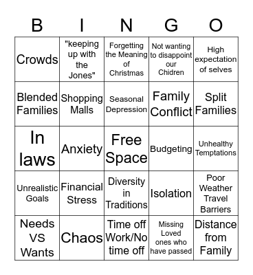 Christmas Stress Bingo Card