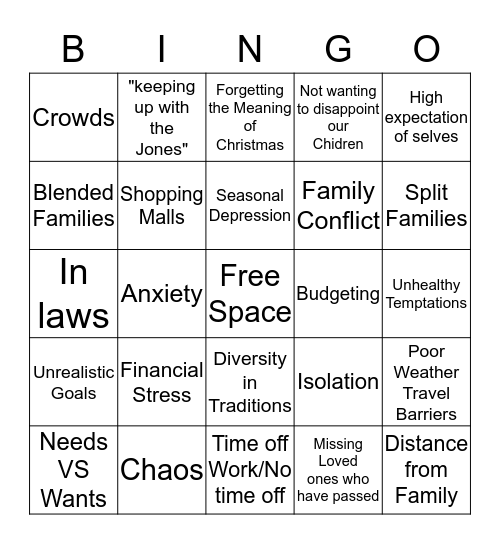 Christmas Stress Bingo Card