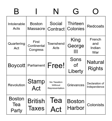 Unit 1.5: Road to Independence Bingo Card