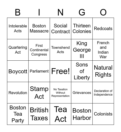 Unit 1.5: Road to Independence Bingo Card