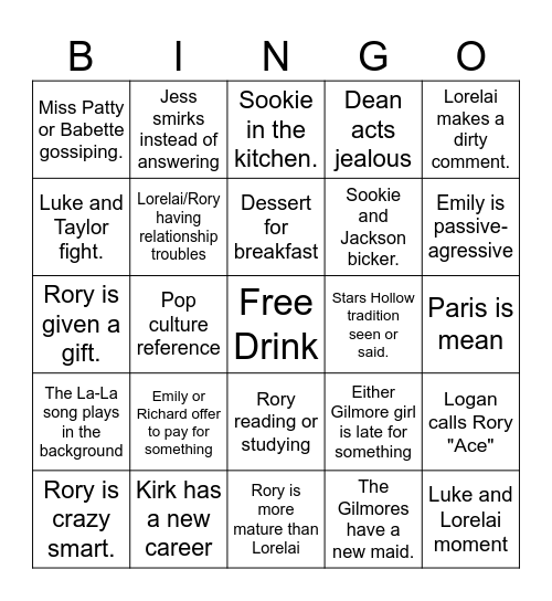 Gilmore Girls Drinking Bingo Card