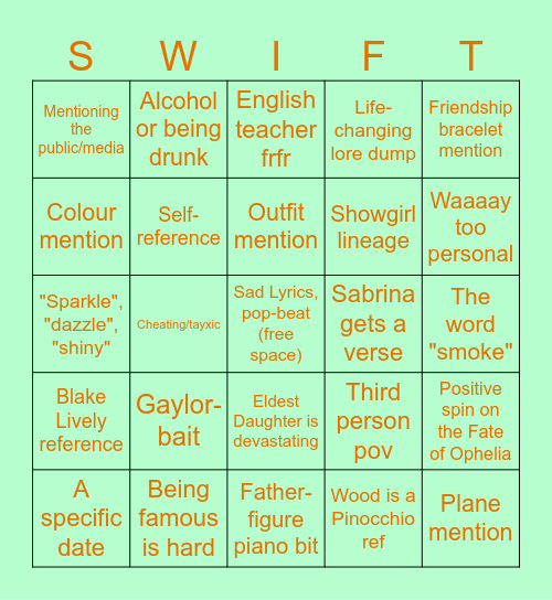 The Life of a Showgirl Bingo Card