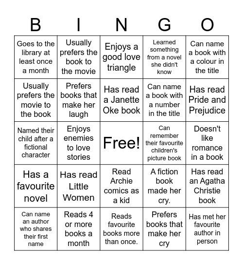 Fiction Book Lovers Bingo Card