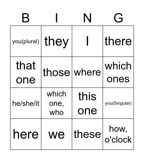 Cantonese class Bingo Card