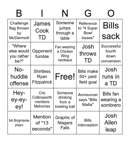 Bills Bingo Card