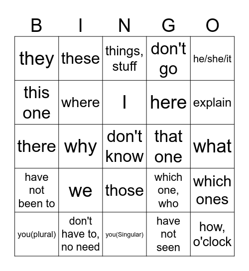 Cantonese class Bingo Card